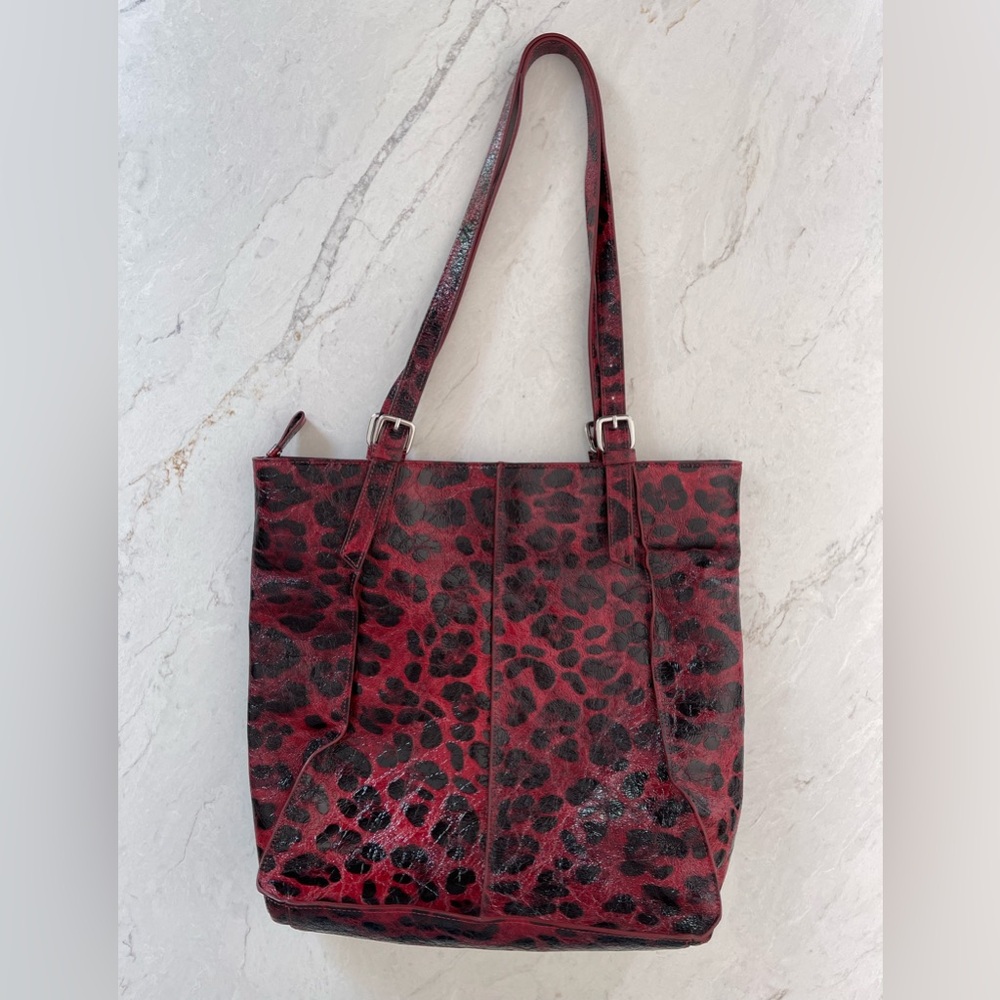 LODIS Leopard Print Red Leather Tote Bag